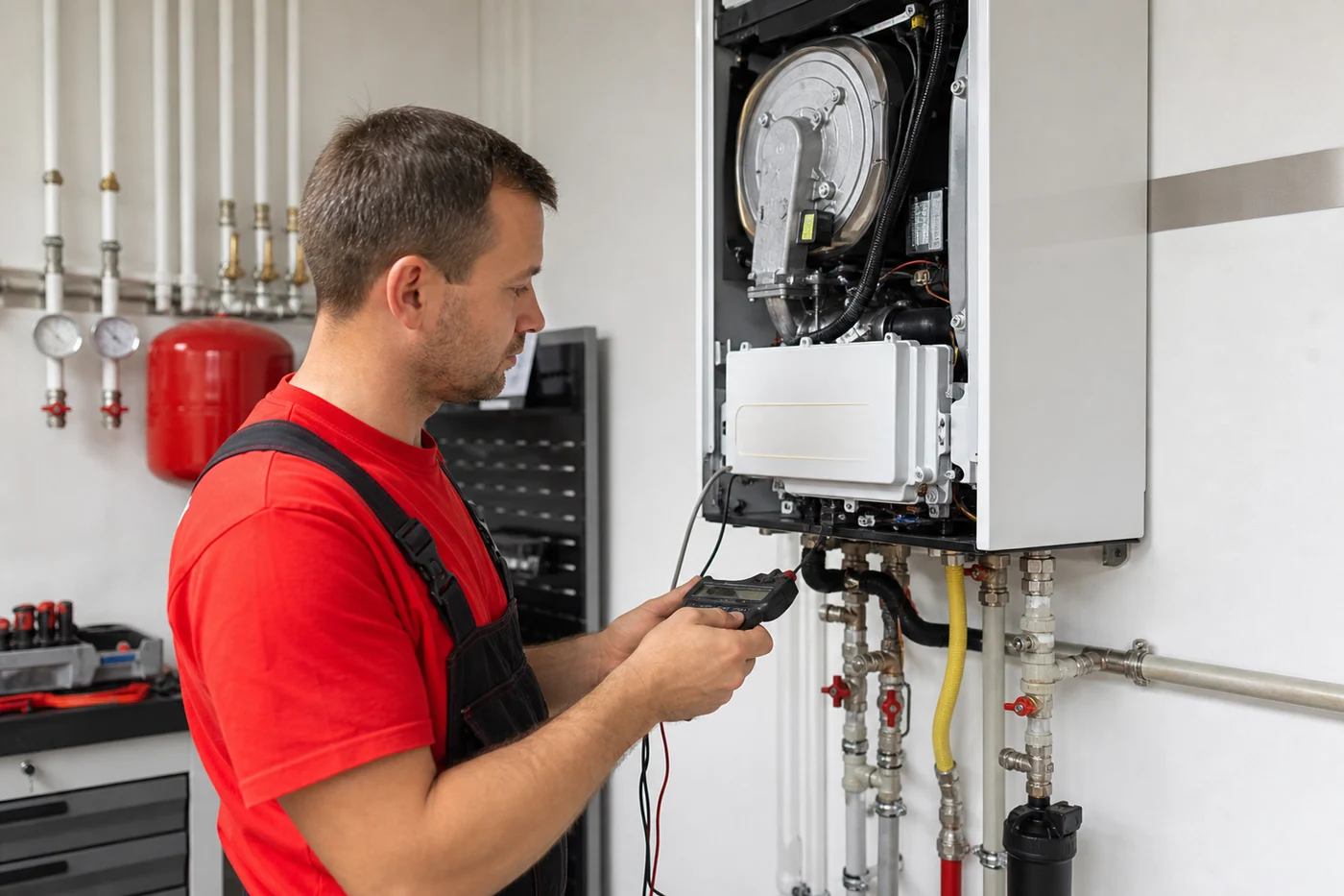 Мастер Лаборатории Климата диагностирует настенный котел Vaillant-типа
