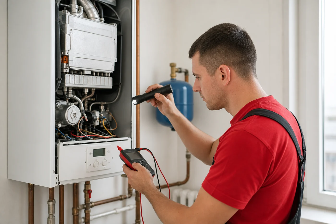 Мастер Лаборатории Климата диагностирует настенный котел Protherm-типа без логотипа