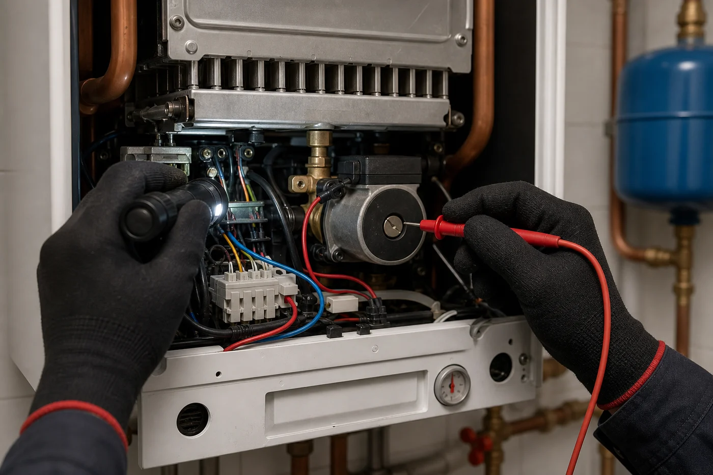 Проверка узлов настенного котла Protherm-типа мультиметром и фонарем