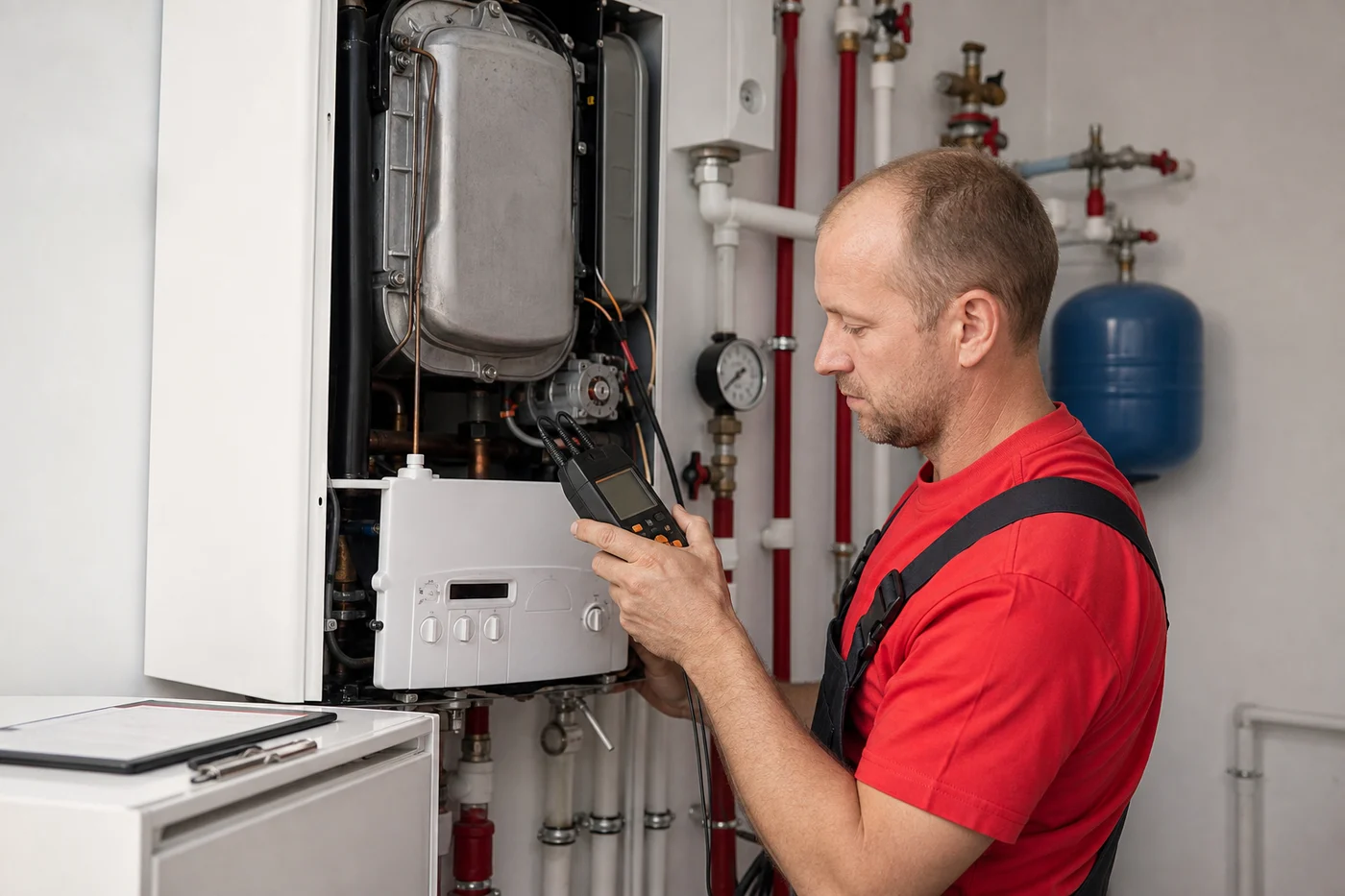 Мастер Лаборатории Климата выполняет пусконаладку настенного котла с диагностическим прибором